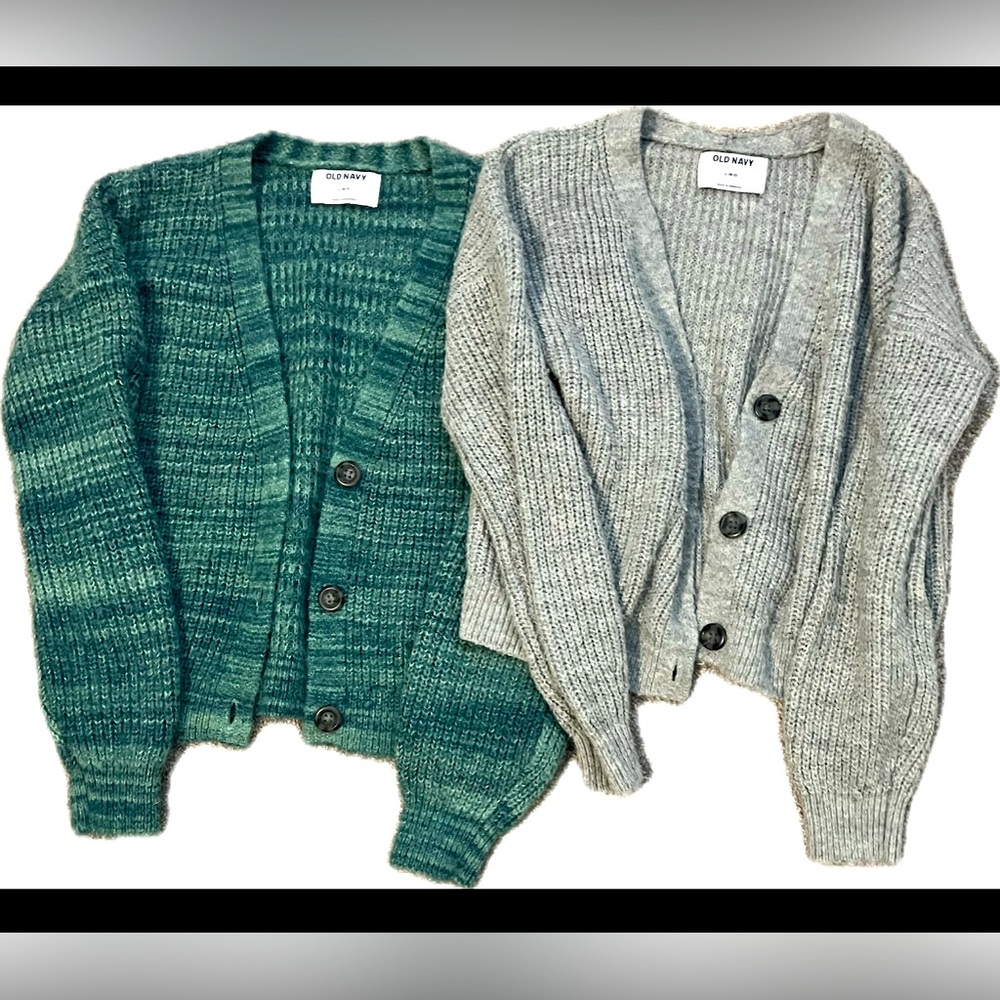 2 for the price of 1 (green and grey).  Girls Button up sweaters size 10-12